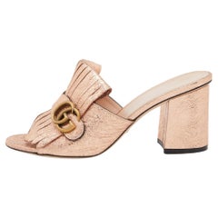 Gucci Rose Gold Foil Leather GG Marmont Fringe Detail Block Heel Pumps Size 39.5
