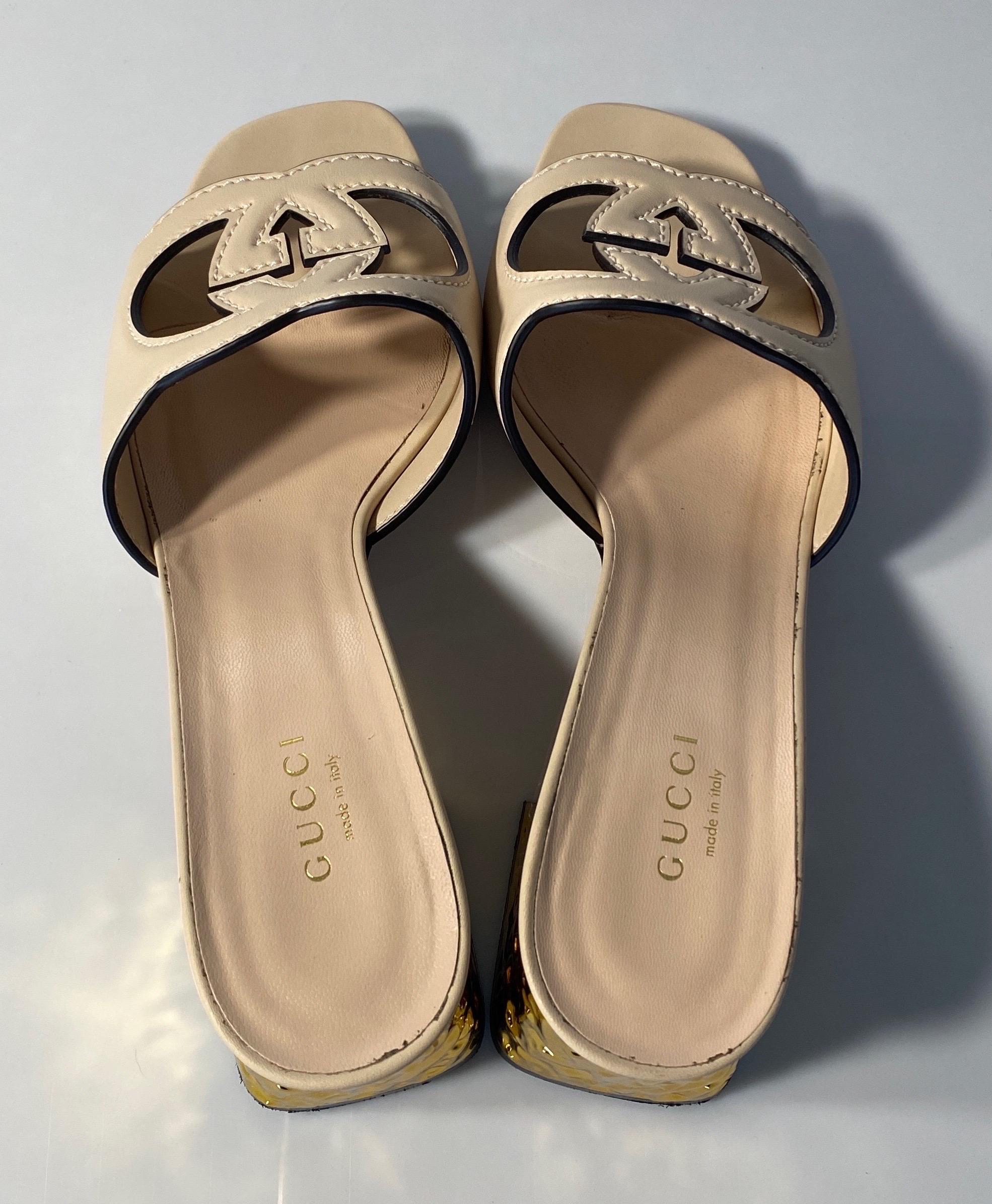 Gucci Rose Leather Interlocking G Cut-out Sandal - Size 37.5 10
