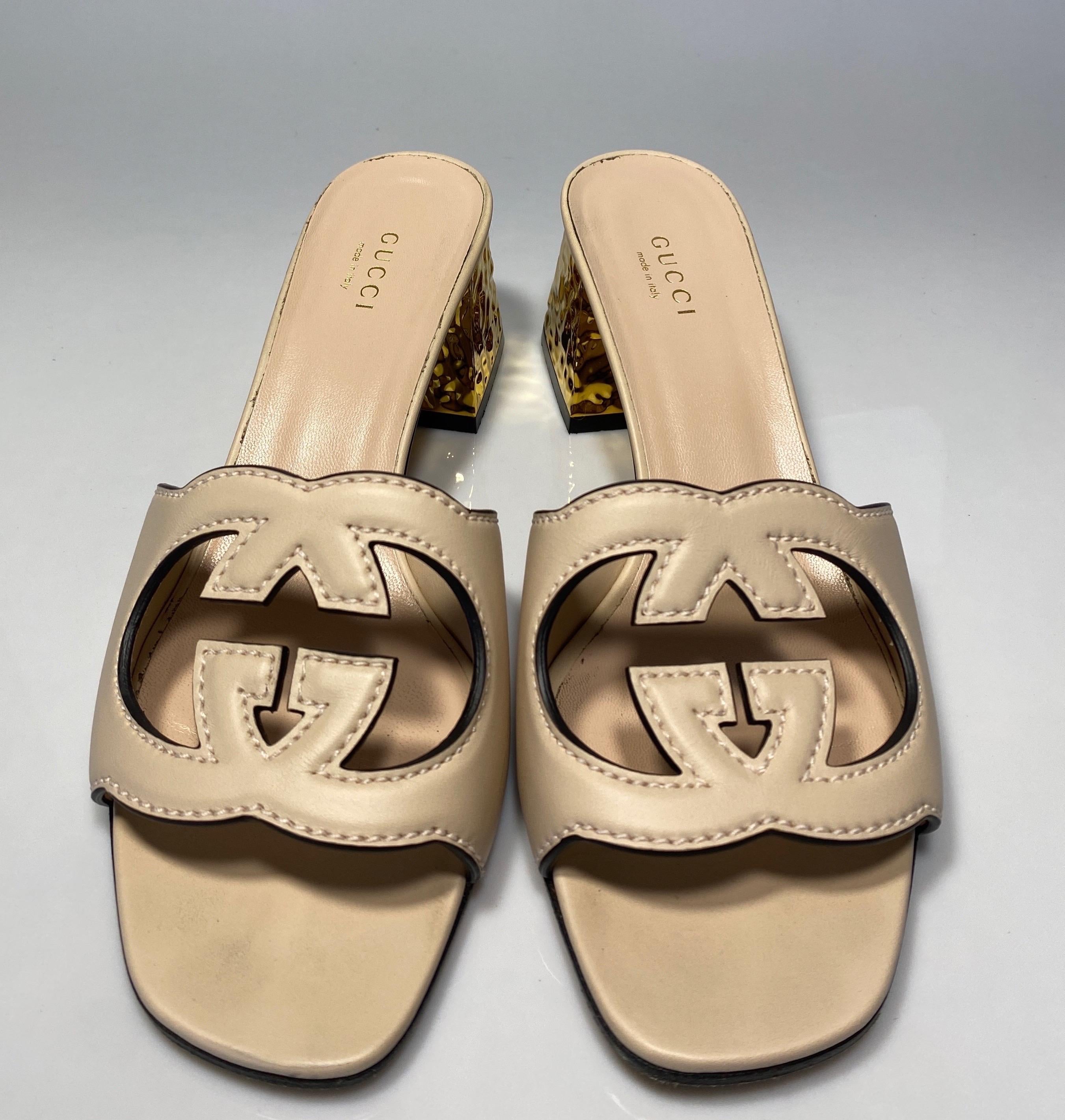 Gucci Rose Leather Interlocking G Cut-out Sandal - Size 37.5 1