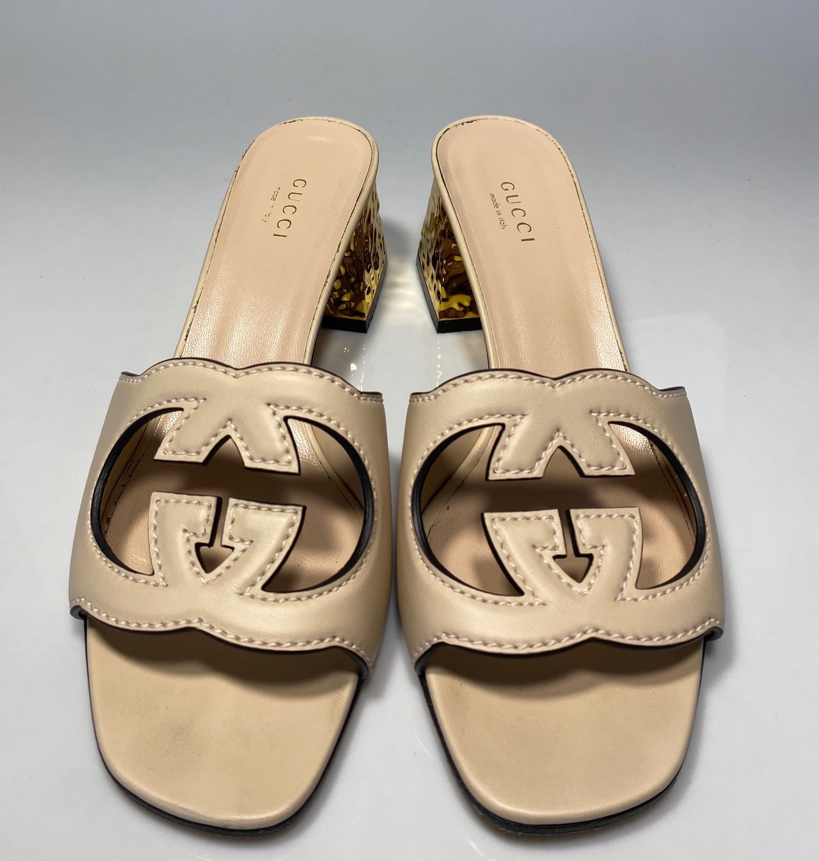 Women's Gucci Rose Leather Interlocking G Cut-out Sandal - Size 37.5