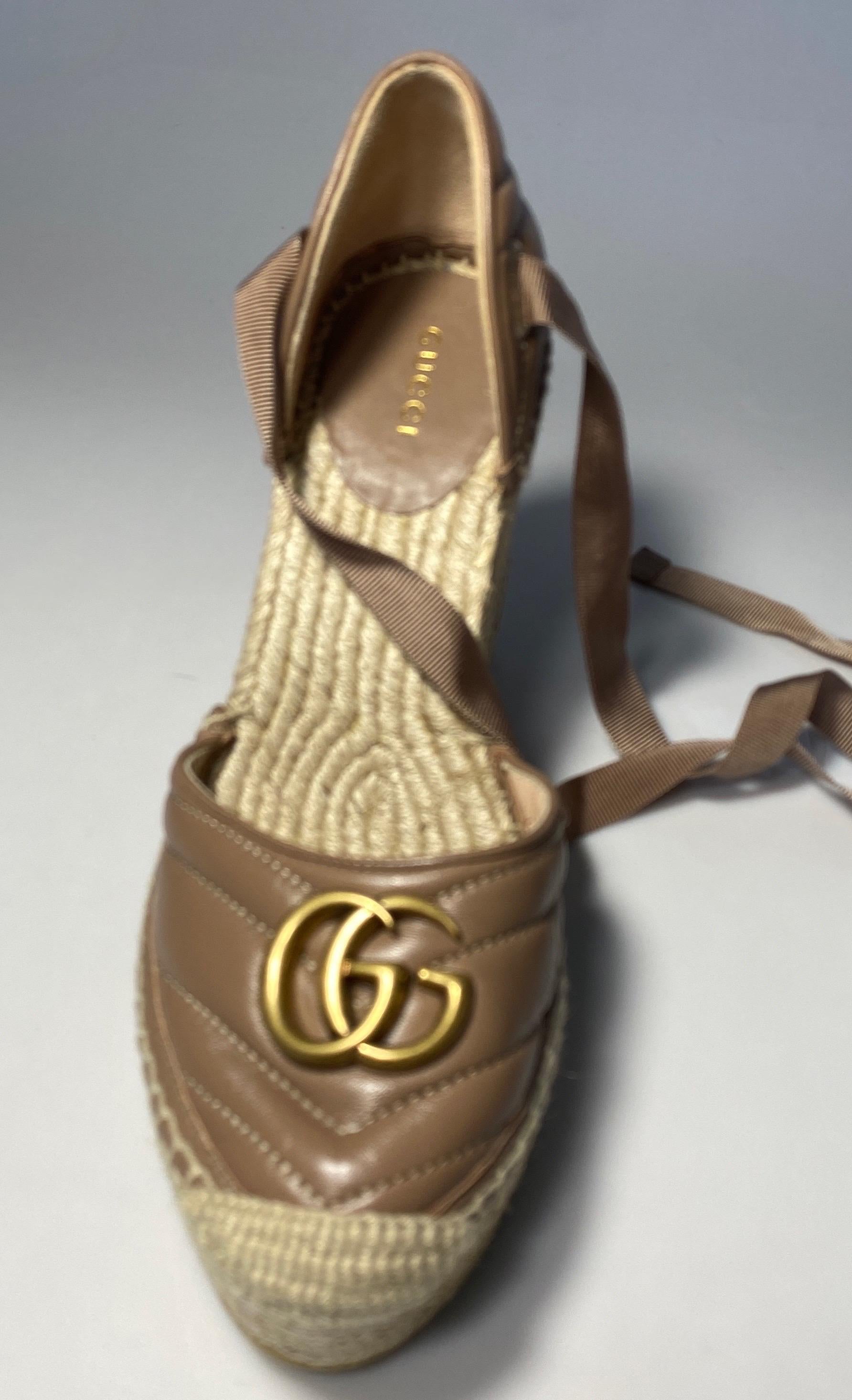 Gucci Rose Tan Leather Matelasse Platform Espadrilles - Size 38.5 NEW  For Sale 7