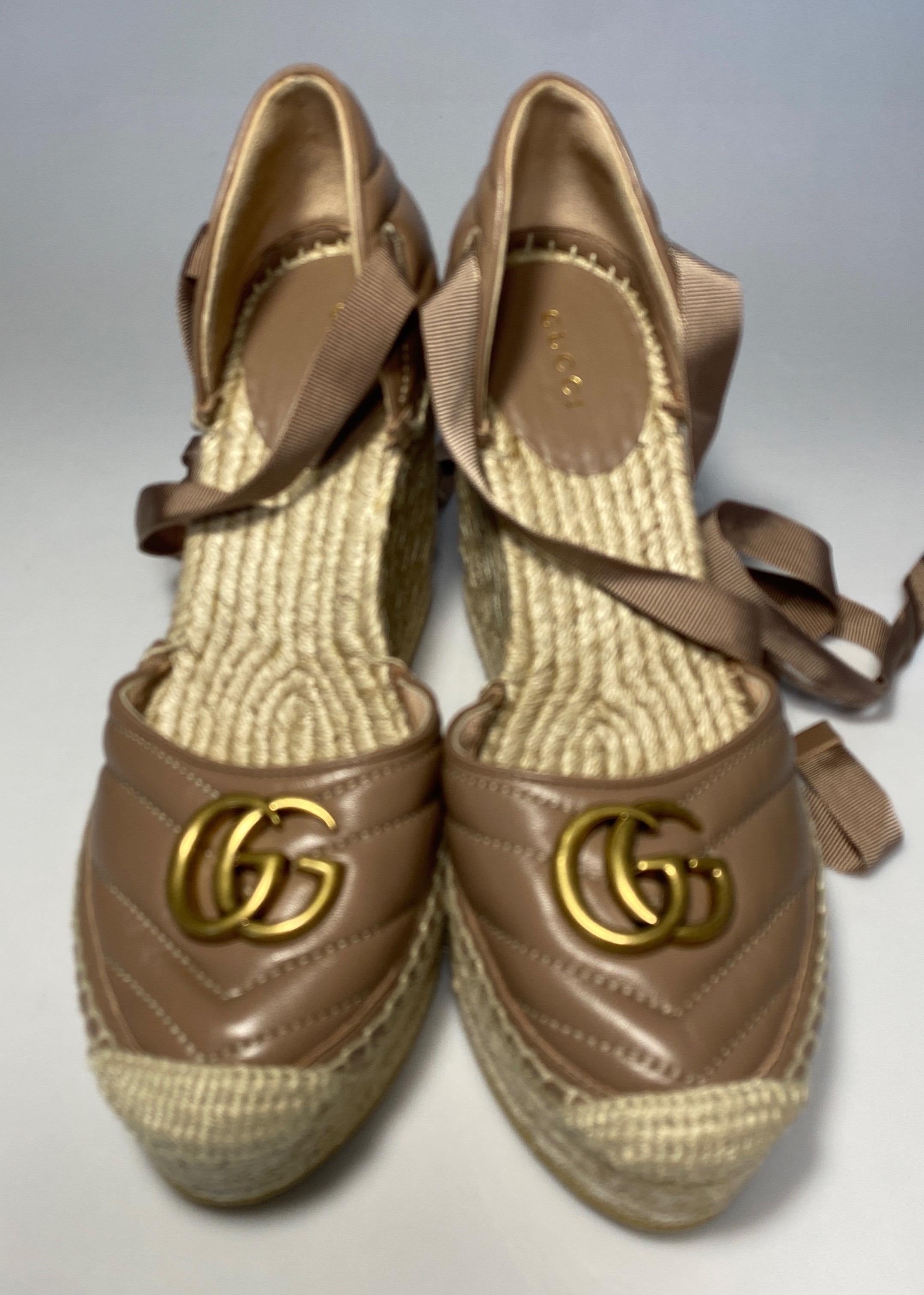 Gucci Rose Tan Leather Matelasse Platform Espadrilles - Size 38.5 NEW  For Sale 8