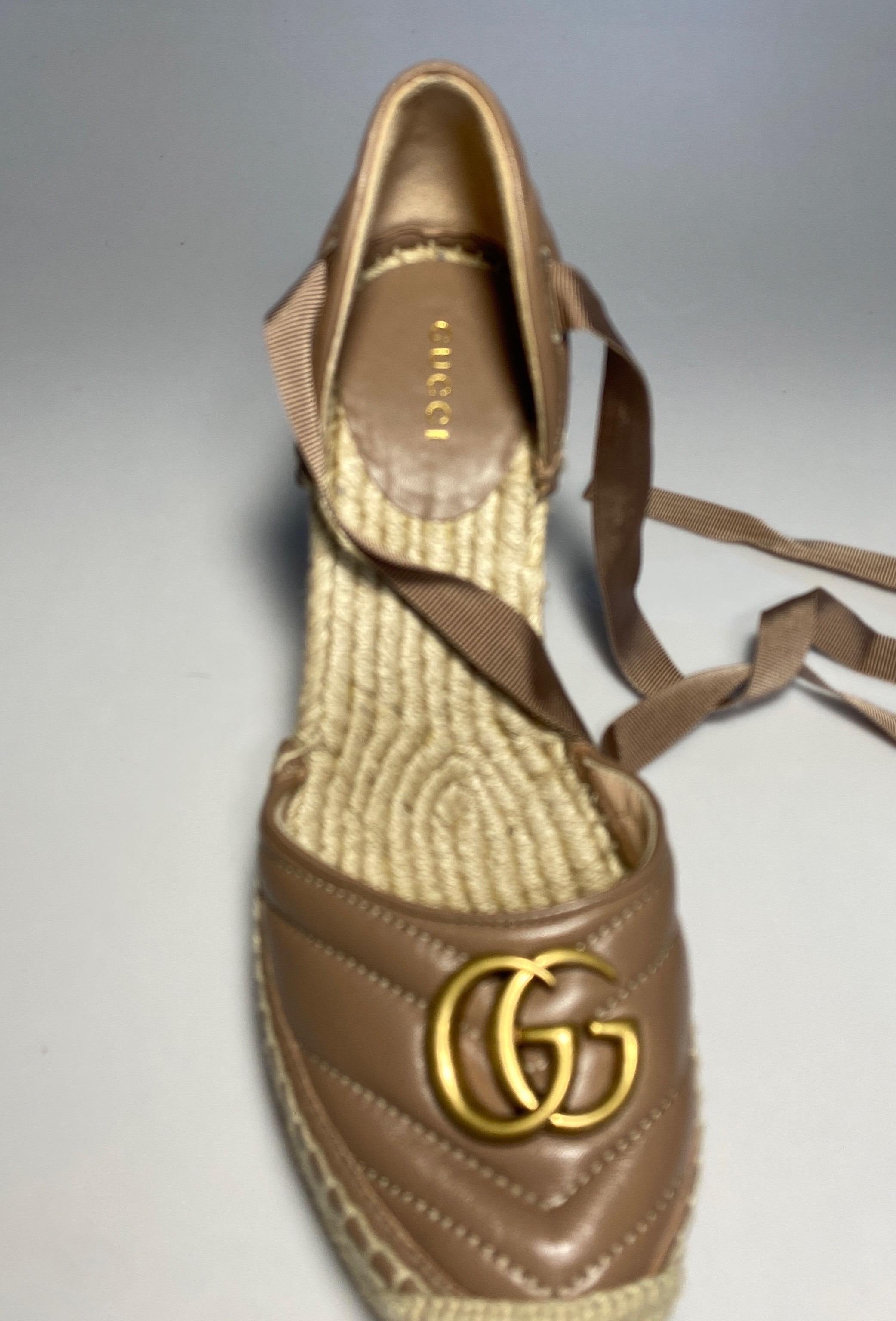 Gucci Rose Tan Leather Matelasse Platform Espadrilles - Size 38.5 NEW  For Sale 5