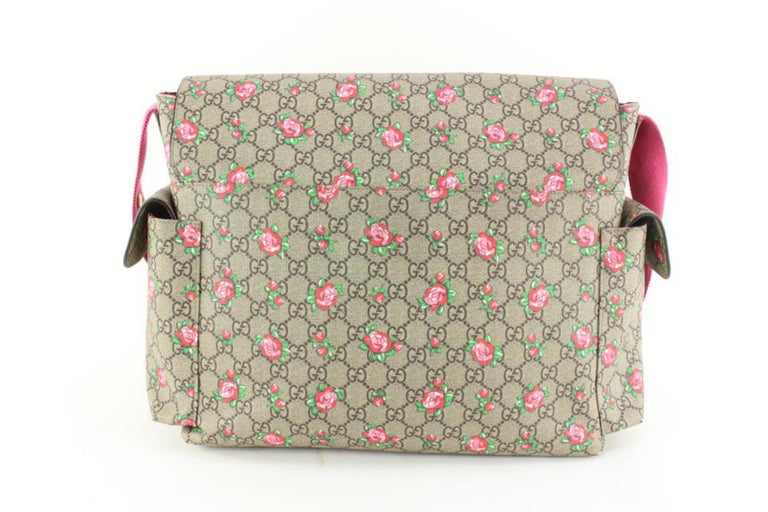 Gucci Rose Bud Zip Pink Print GG Canvas Diaper Bag Beige Girl Baby