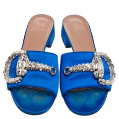Gucci Royal Blue Satin Maxime Crystal Horsebit Slide Sandals Size 37