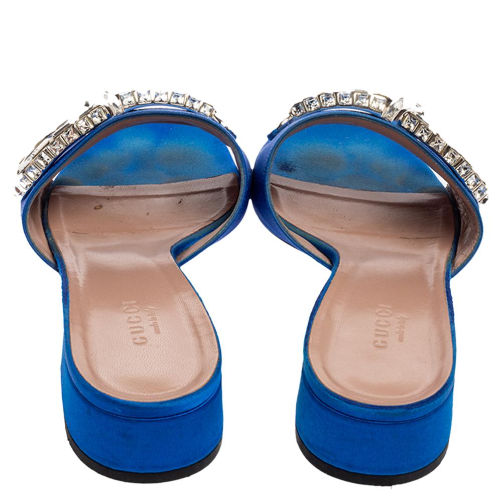 Gucci Royal Blue Satin Maxime Crystal Horsebit Slide Sandals Size