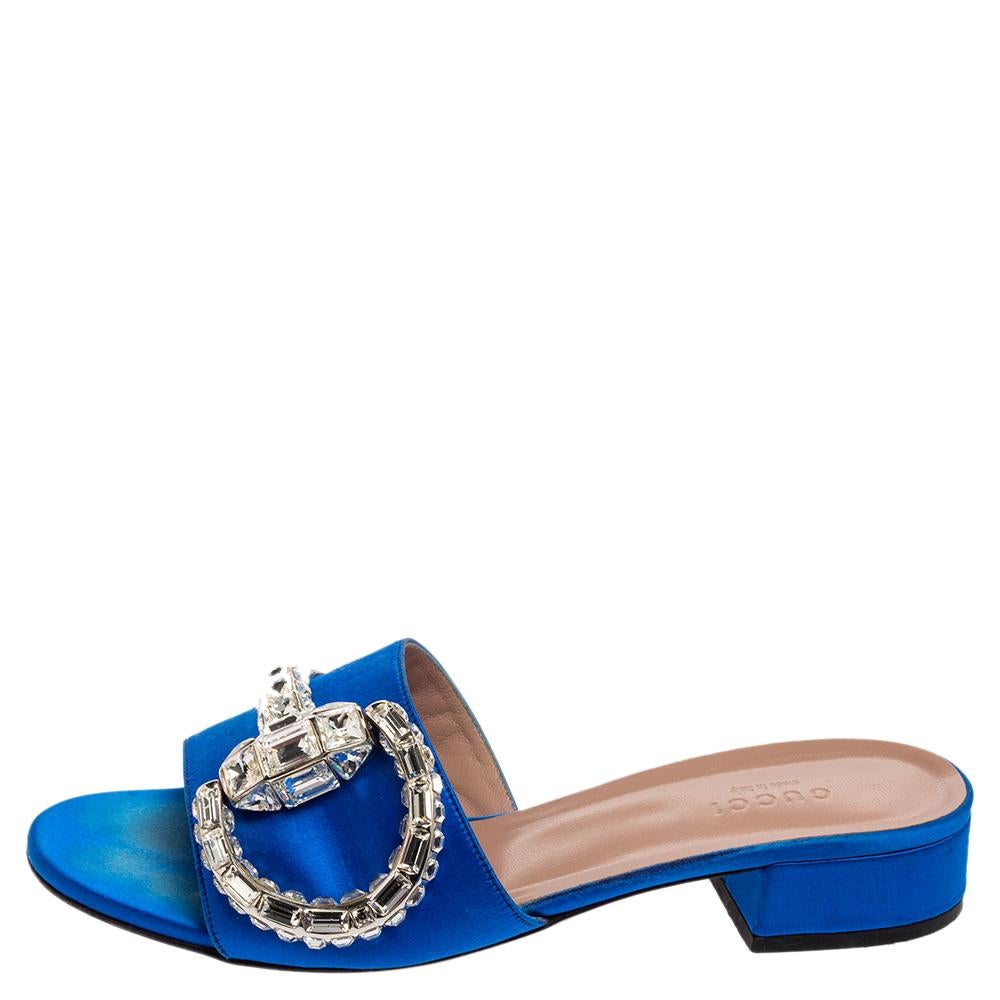 Gucci Royal Blue Satin Maxime Crystal Horsebit Slide Sandals Size 37 at ...