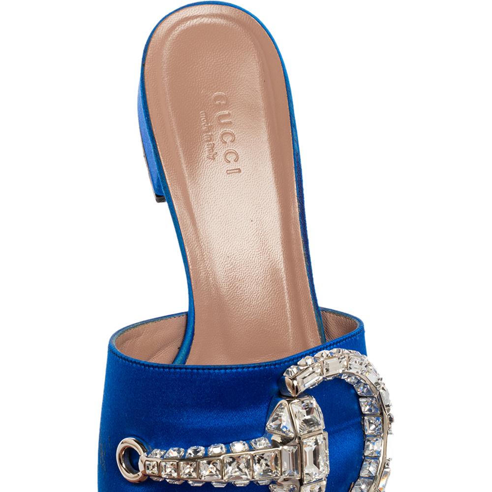 Gucci Royal Blue Satin Maxime Crystal Horsebit Slide Sandals Size 37 1