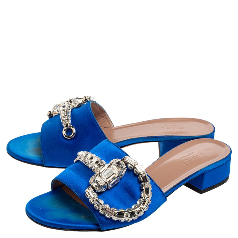 Gucci Royal Blue Satin Maxime Crystal Horsebit Slide Sandals Size 37 at ...