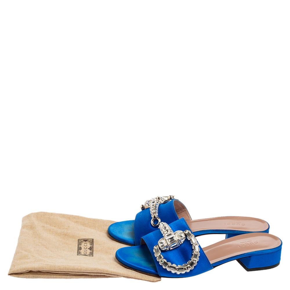 Gucci Royal Blue Satin Maxime Crystal Horsebit Slide Sandals Size 37 4