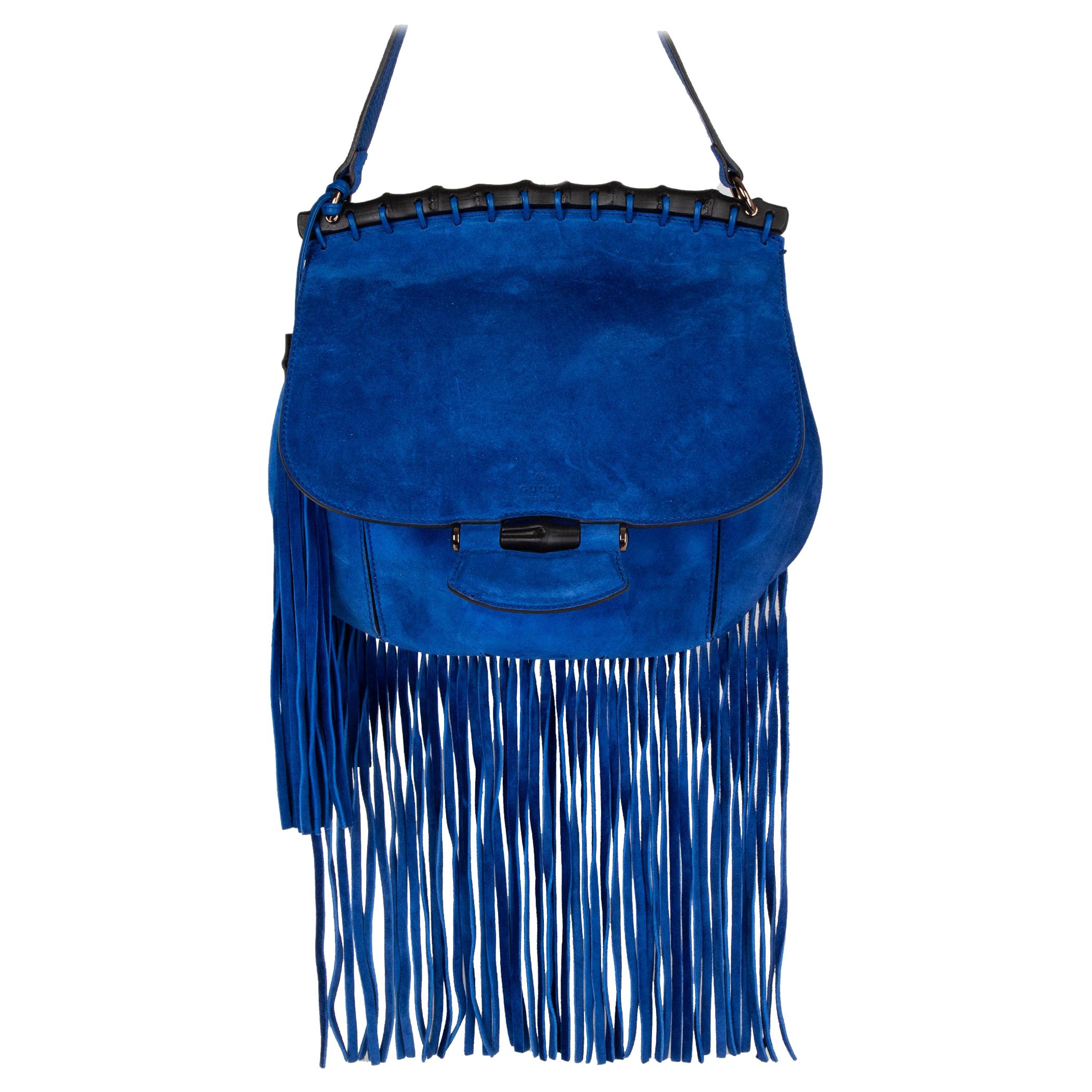 GUCCI royal blue suede FRINGE BAMBOO FLAP Shoulder Bag