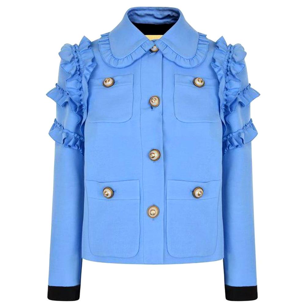 GUCCI Ruffle Trimmed Cotton Blend Cady Jacket IT44 US 8-10 For Sale