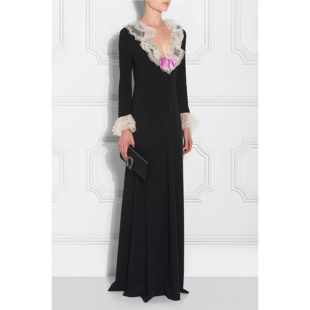 GUCCI Ruffle V-Neck Black Gown - Large In New Condition In Brossard, QC