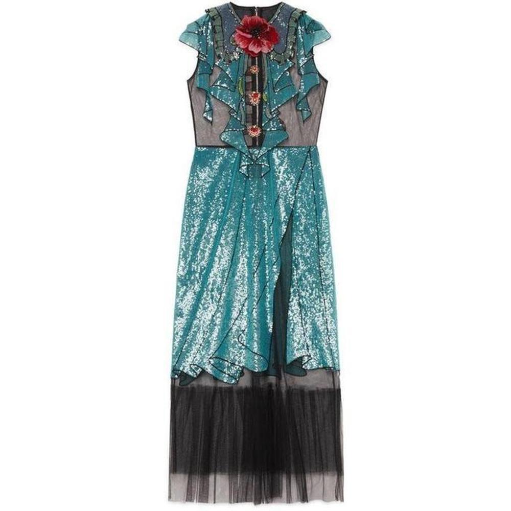 Gucci Runway Embroidered Tulle Blue Sequin Dress IT42 US4-6 For Sale