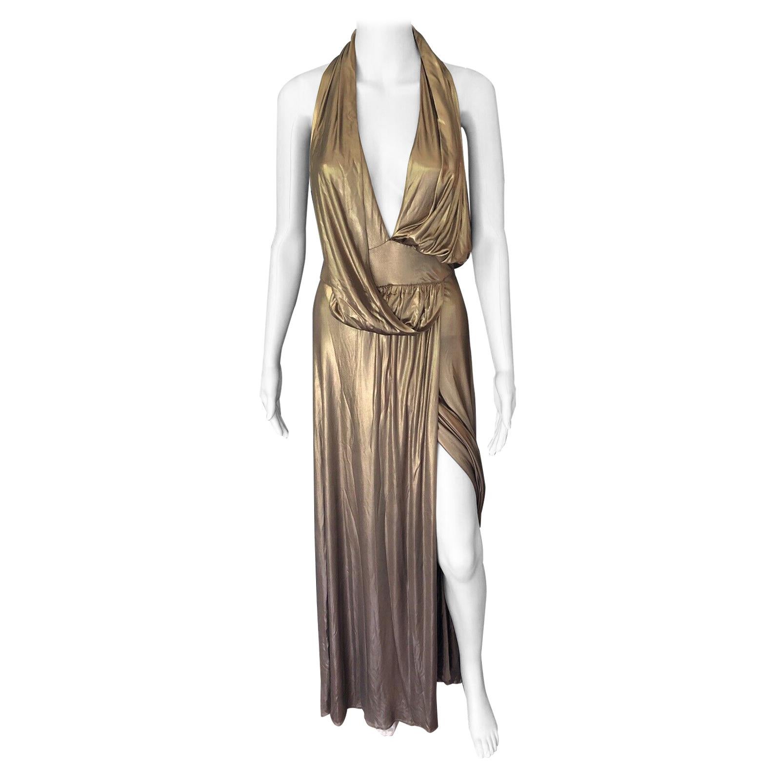 Gucci Runway F/W 2006 Plunging Neckline Backless Gold Metallic Dress Gown