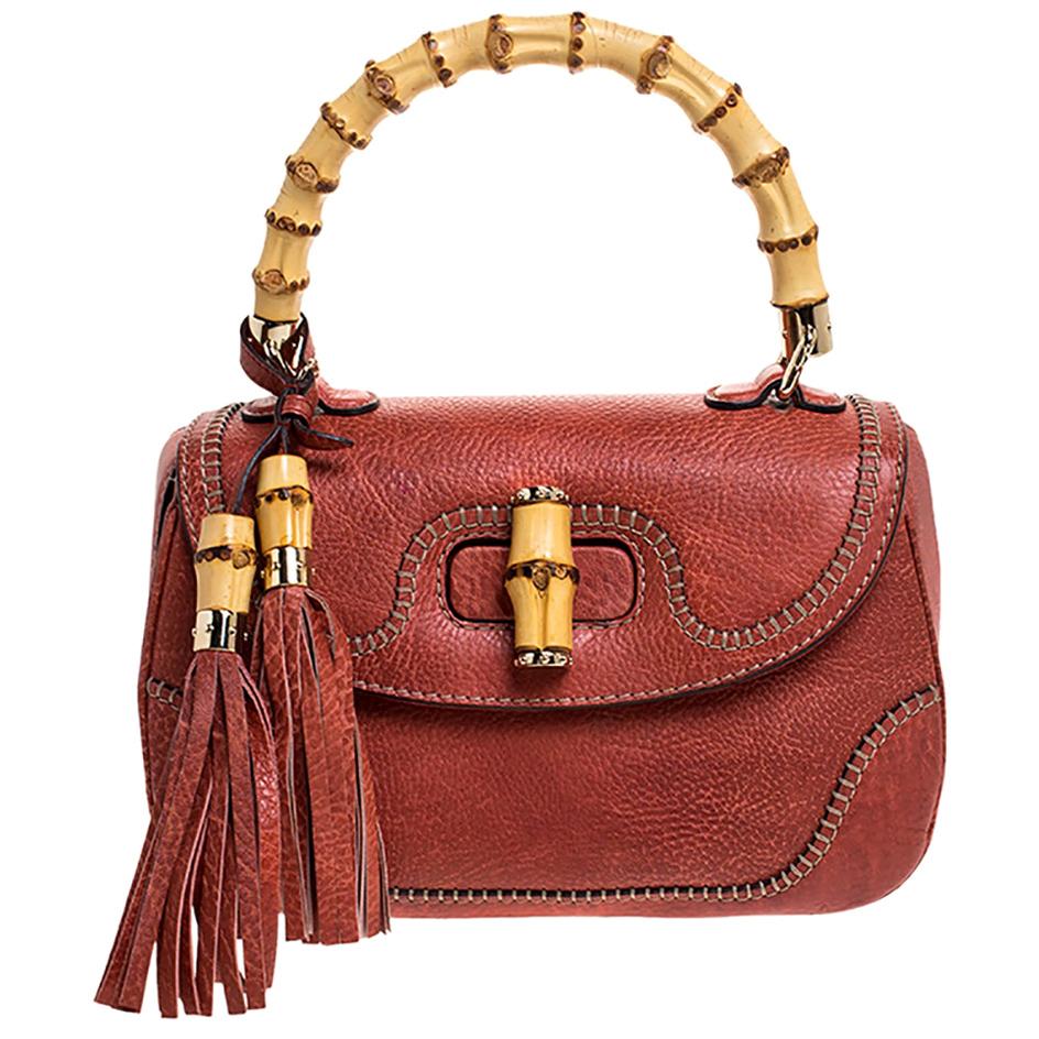 Gucci Rust Leather Medium Tassel New Bamboo Top Handle Bag