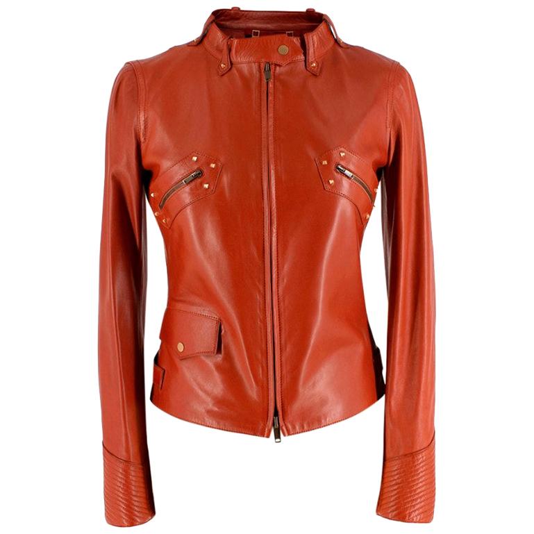 Gucci Rust Leather Studded Biker Jacket US2 For Sale