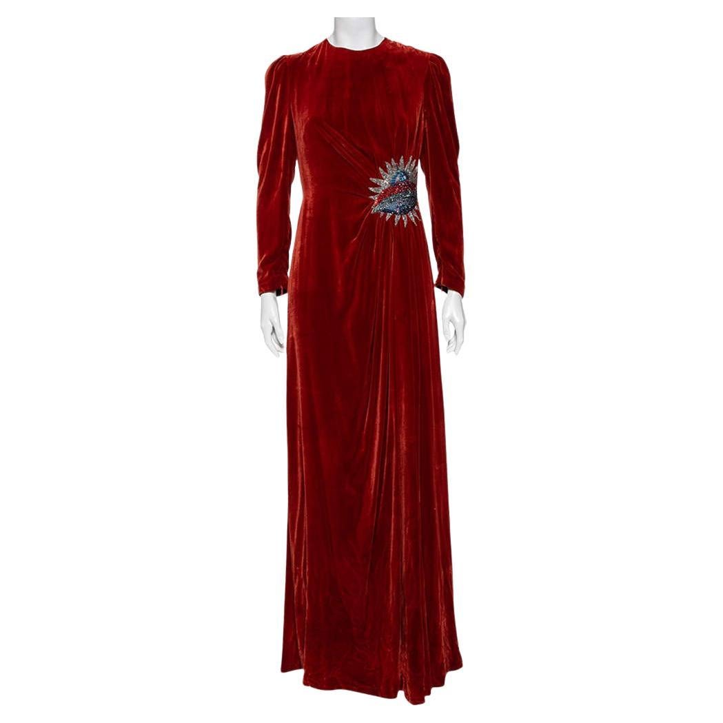 Gucci Rust Ufo Embroidered Velvet Long Sleeve Gown M