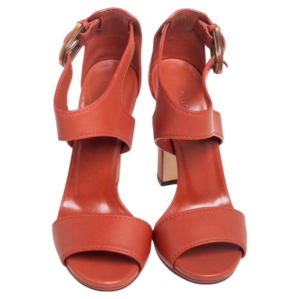 Pink Gucci Rusty Orange Lifford Bamboo Buckle Block Heel Sandals Size 38.5