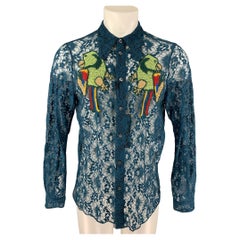 GUCCI S/S 16 Size L Teal Sheer Lace Embroidered Polyamide Blend Shirt