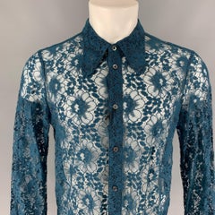 GUCCI S/S 16 Size L Teal Sheer Lace Polyamide Blend Long Sleeve Shirt