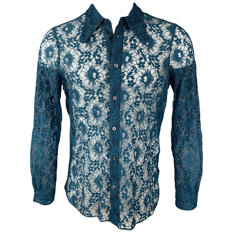 GUCCI S/S 16 Size M Teal Lace Polyamide Blend Button Up Long Sleeve Shirt  at 1stDibs