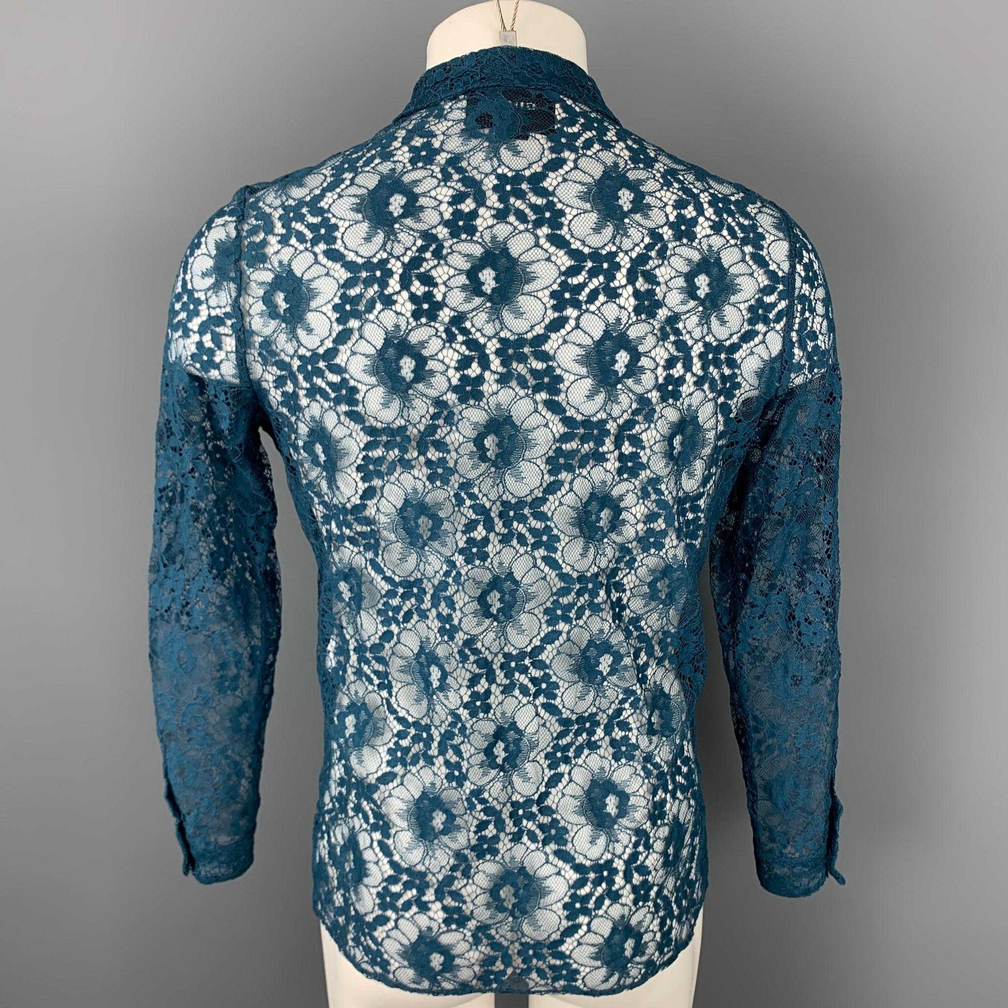 Blue GUCCI S/S 16 Size S Teal Sheer Lace Embroidery Polyamide Blend Long Sleeve Shirt