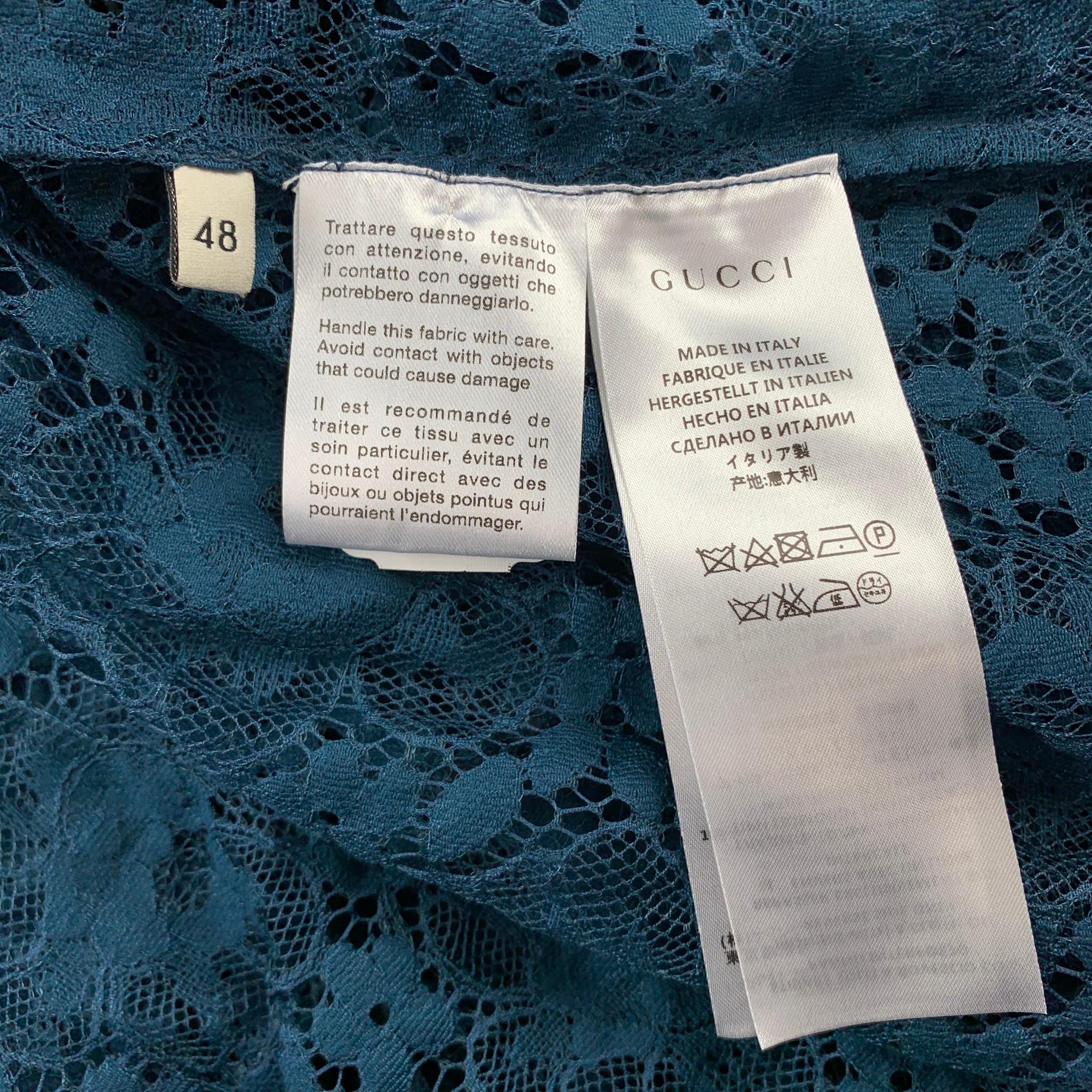 GUCCI S/S 16 Size S Teal Sheer Lace Embroidery Polyamide Blend Long Sleeve Shirt In Excellent Condition In San Francisco, CA