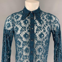 GUCCI S/S 16 Size XS Teal Sheer Lace Polyamide Blend Long Sleeve Shirt
