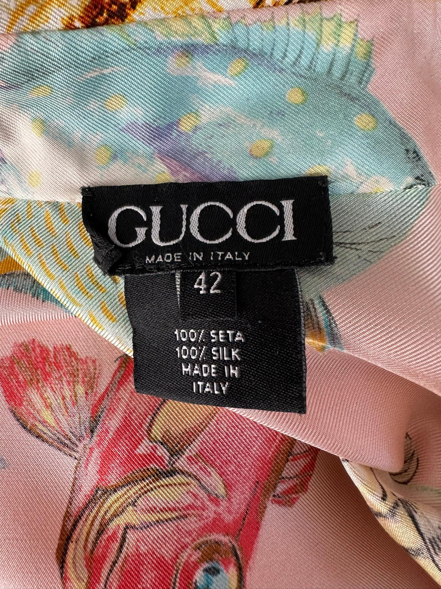 Gucci S/S 1992 Runway Pink Silk Twill Fish & Sea Shells Oversize Shirt/Tunic 42 For Sale 13