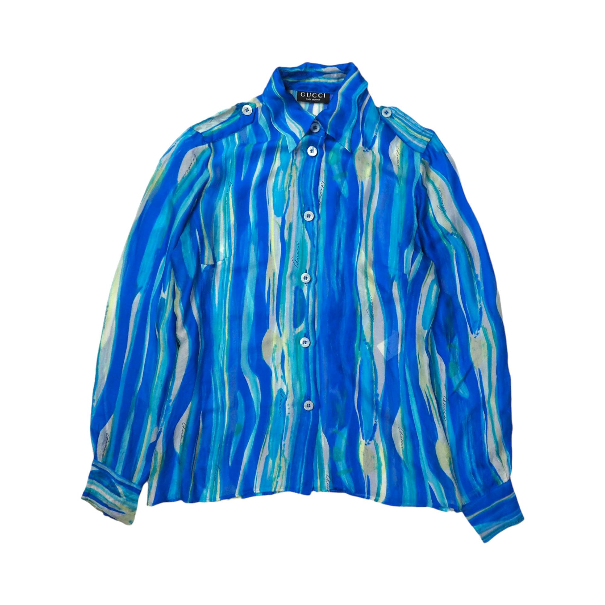 GUCCI F/S 1996 von Tom Ford Abstraktes, farbig bedrucktes, durchsichtiges Seidenhemd im Angebot 1