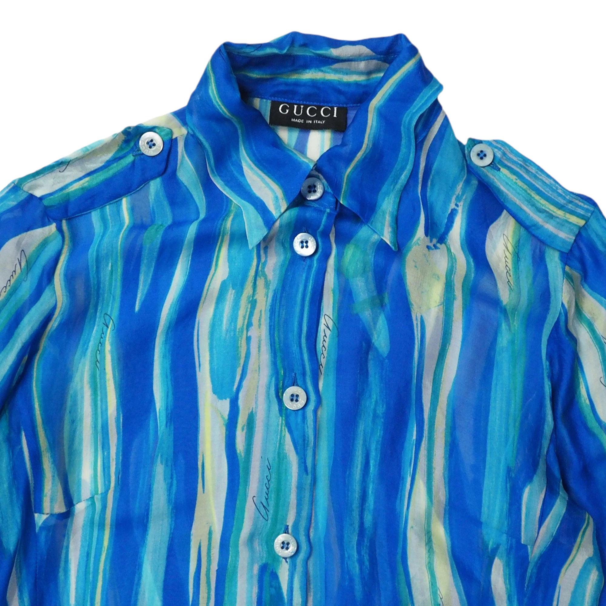 GUCCI S/S 1996 by Tom Ford Abstract Colour Printed Silk Sheer Shirt For Sale 5