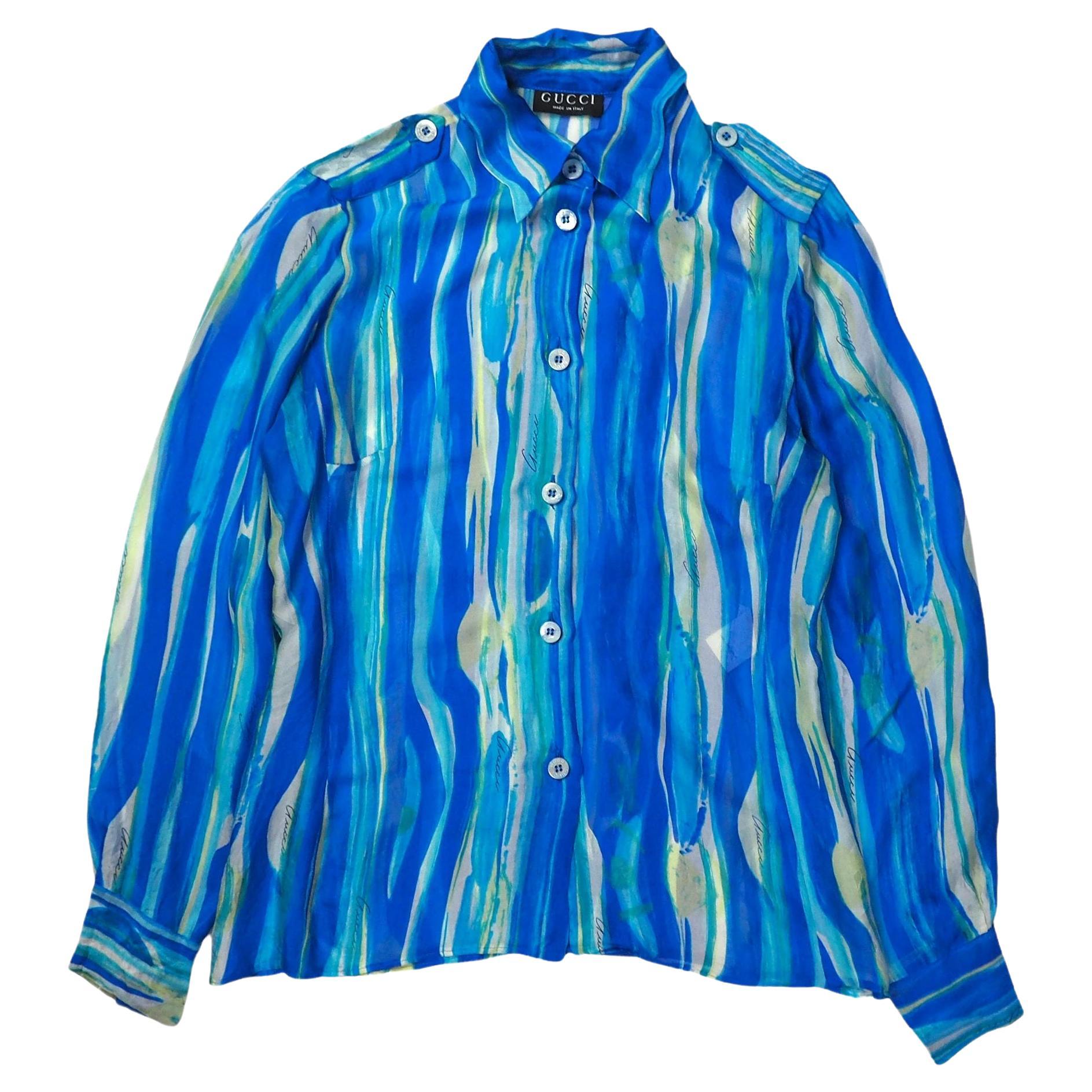 GUCCI S/S 1996 by Tom Ford Abstract Colour Printed Silk Sheer Shirt For Sale