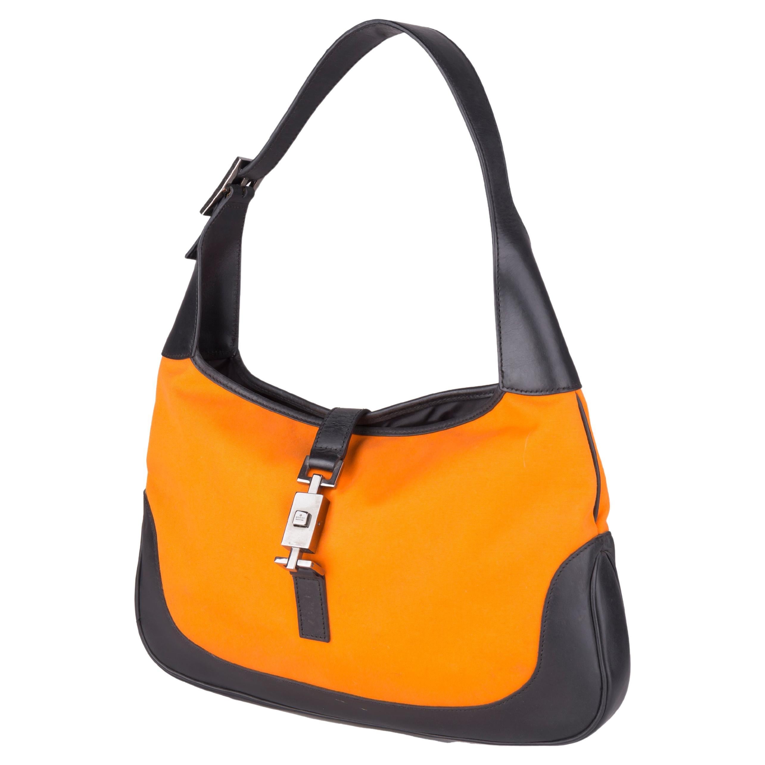 Gucci S/S 1999 Jackie Tasche aus orangefarbenem Canvas und schwarzem Lederbesatz im Angebot