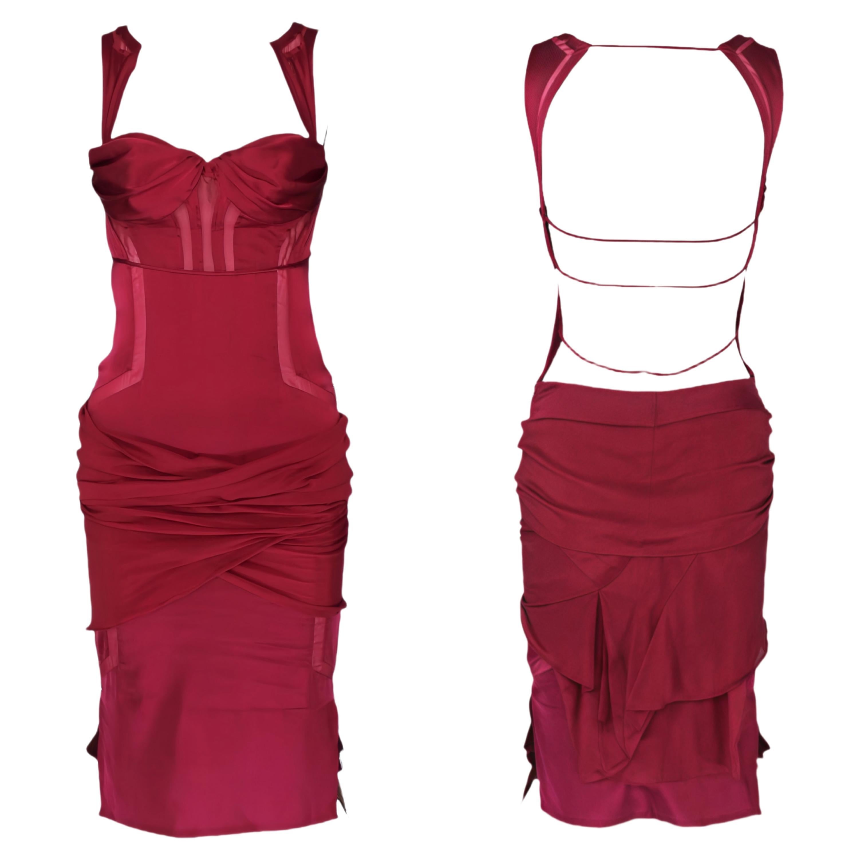 GUCCI S/s 2005 Fuchsia Velvet Bustier Sheer Cutout Midi Dress For Sale