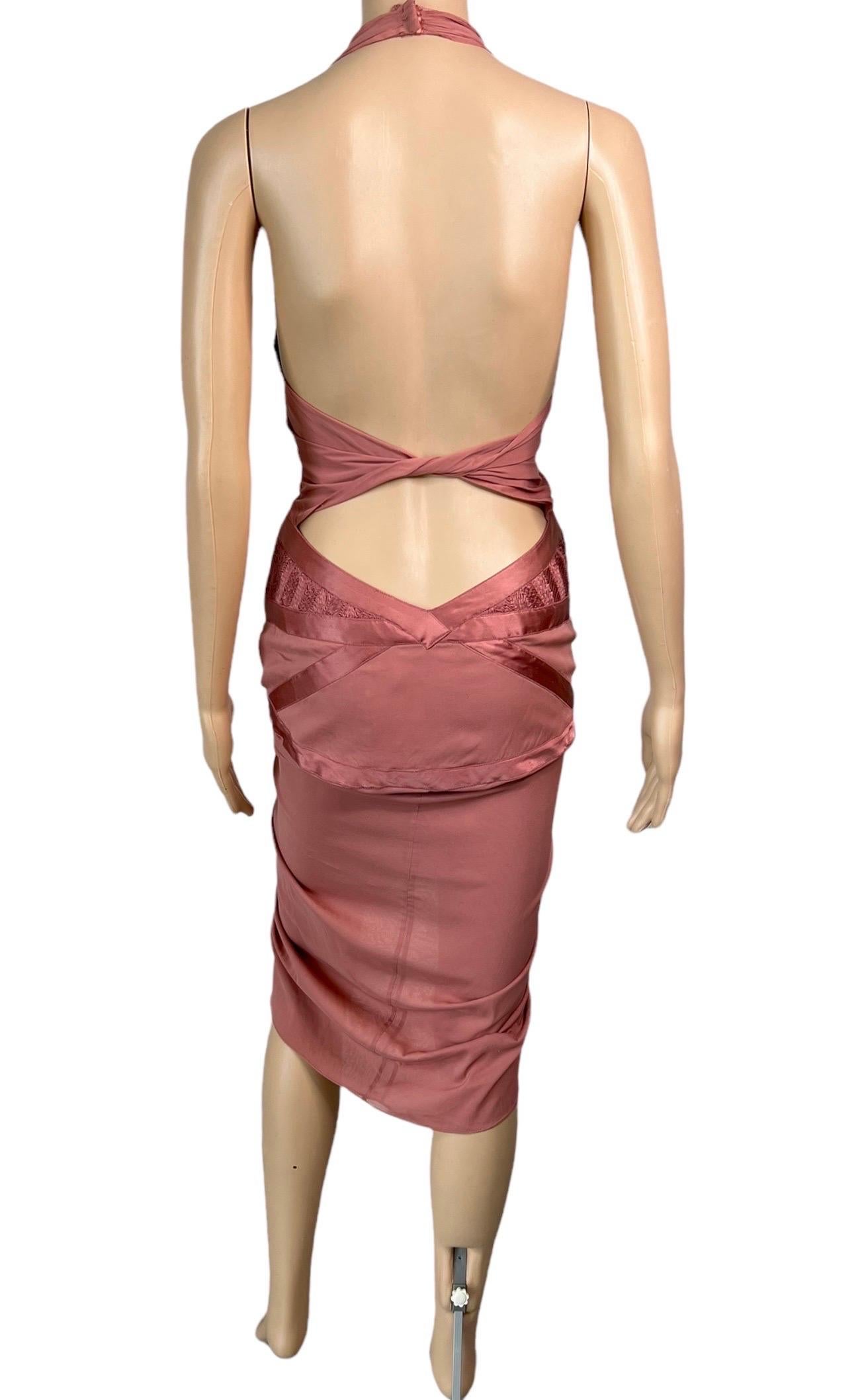 Beige Gucci S/S 2005 Plunging Neckline Halter Cutout Back Tassel Accents Midi Dress