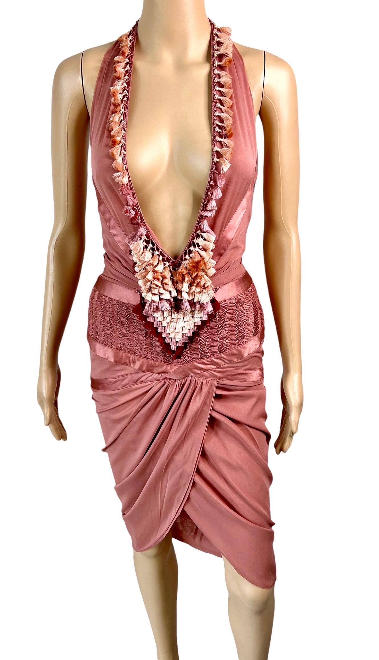 Gucci S/S 2005 Plunging Neckline Halter Cutout Back Tassel Accents Midi Dress In Excellent Condition In Naples, FL
