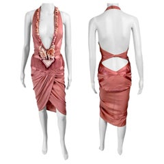 Gucci S/S 2005 Plunging Neckline Halter Cutout Back Tassel Accents Midi Dress