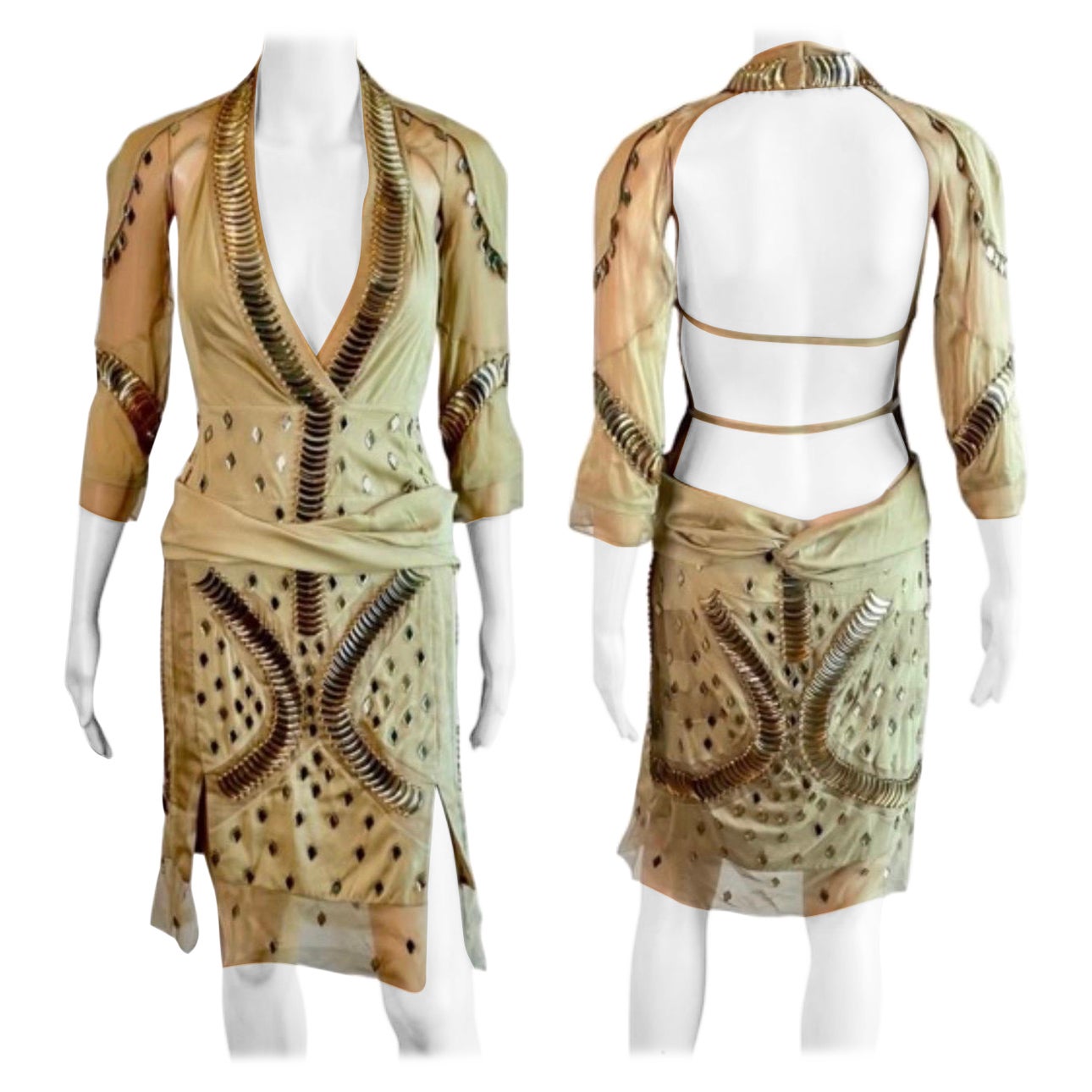 Gucci S/S 2005 Runway Embellished Sheer Plunging Neckline Cutout Back Mini Dress