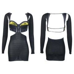 GUCCI S/s 2005 Yellow Velvet Bustier Black Sheer Cutout Mini Dress