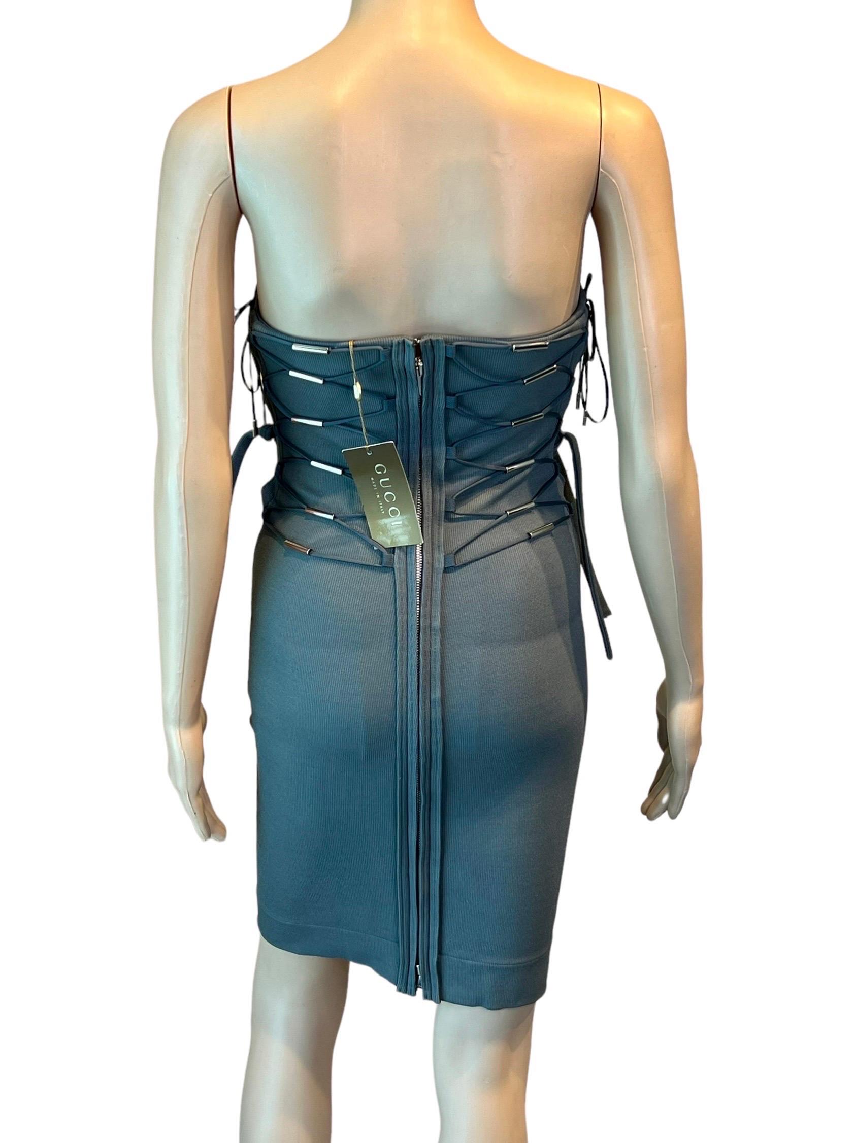 Blue Gucci S/S 2010 Unworn Bodycon Lace Up Bandage Grey Mini Dress For Sale