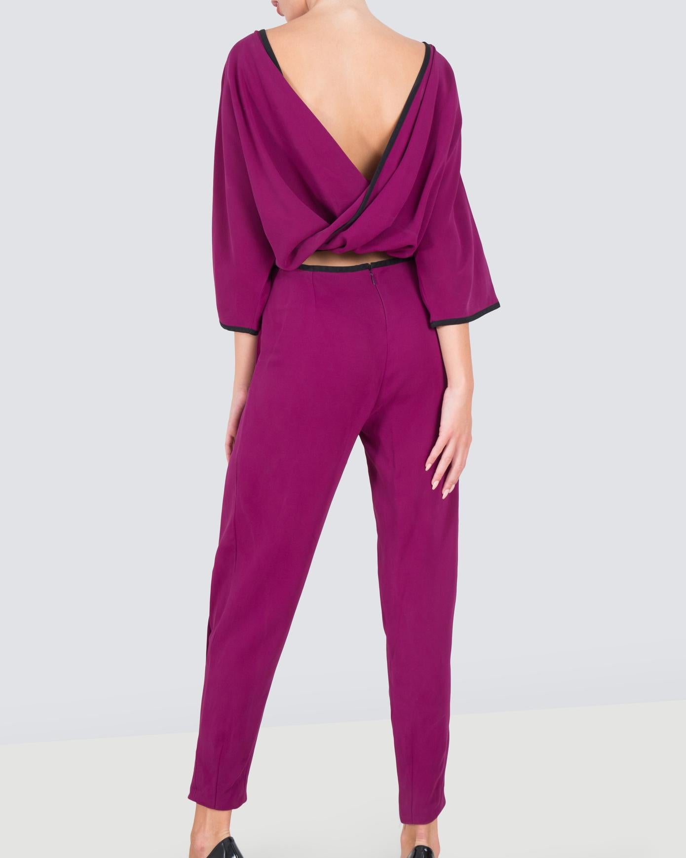 Gucci S/S 2014 silk magenta black backless dolman tapered pant jumpsuit  For Sale 8