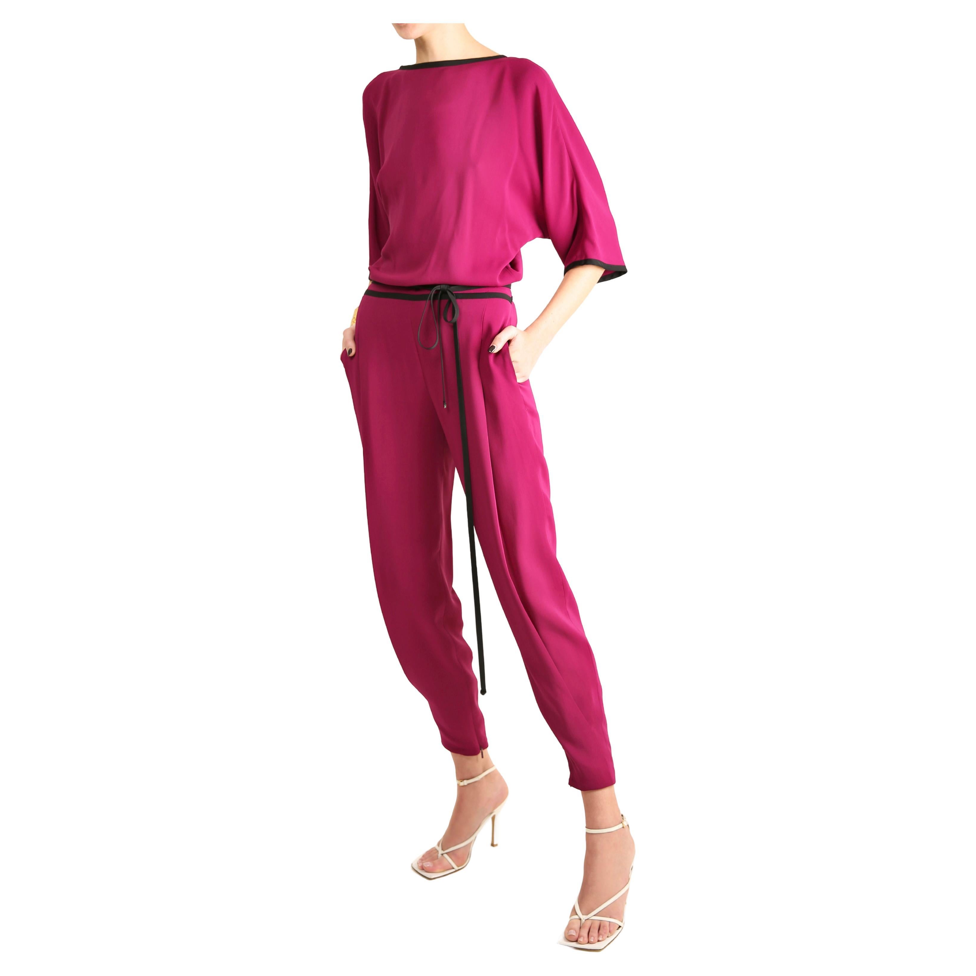 Gucci S/S 2014 silk magenta black backless dolman tapered pant jumpsuit  For Sale