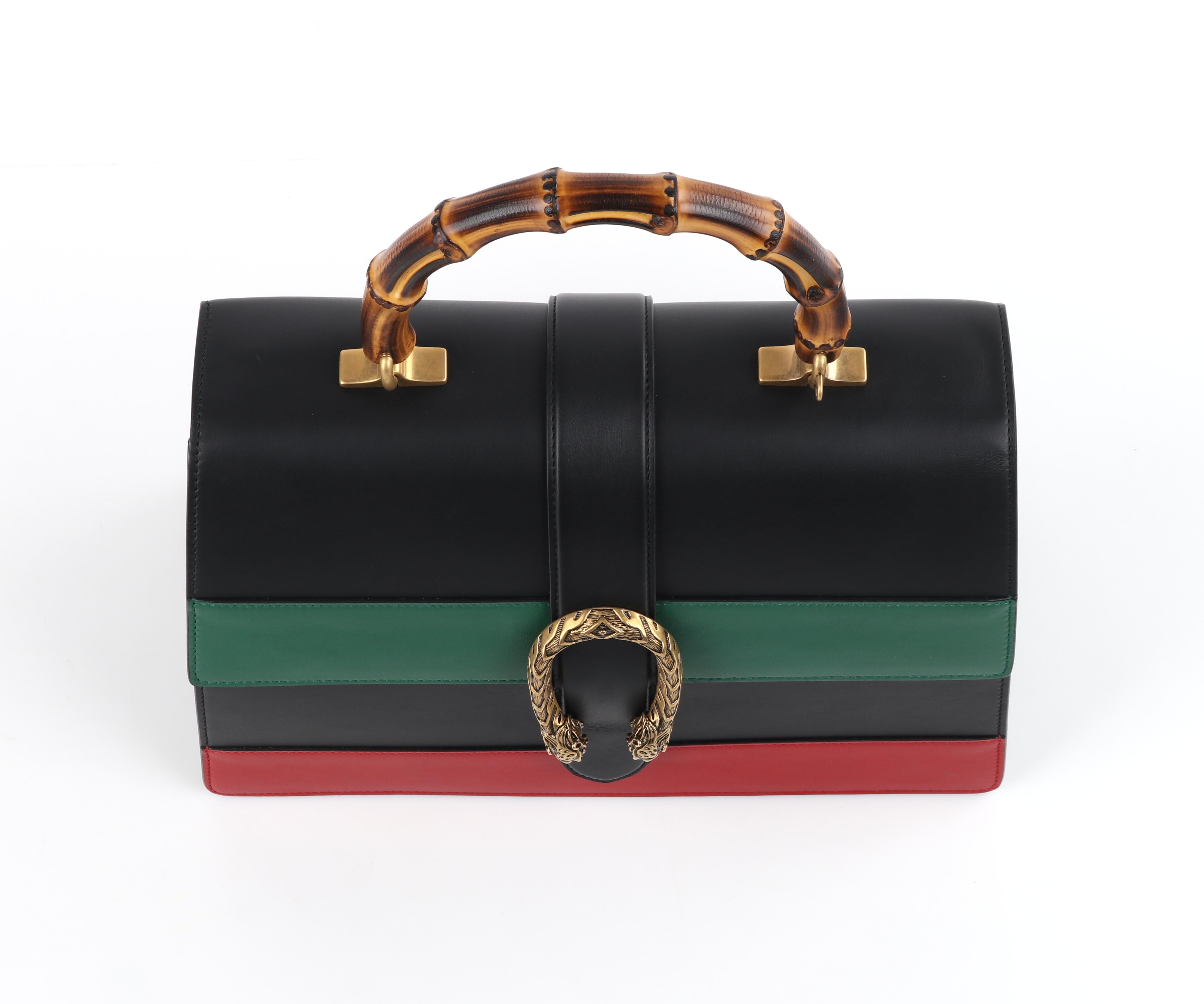 GUCCI S/S 2016 “Dionysus” Large Green Red Black Stripe Bamboo Top Handle Bag NWB In Good Condition In Thiensville, WI