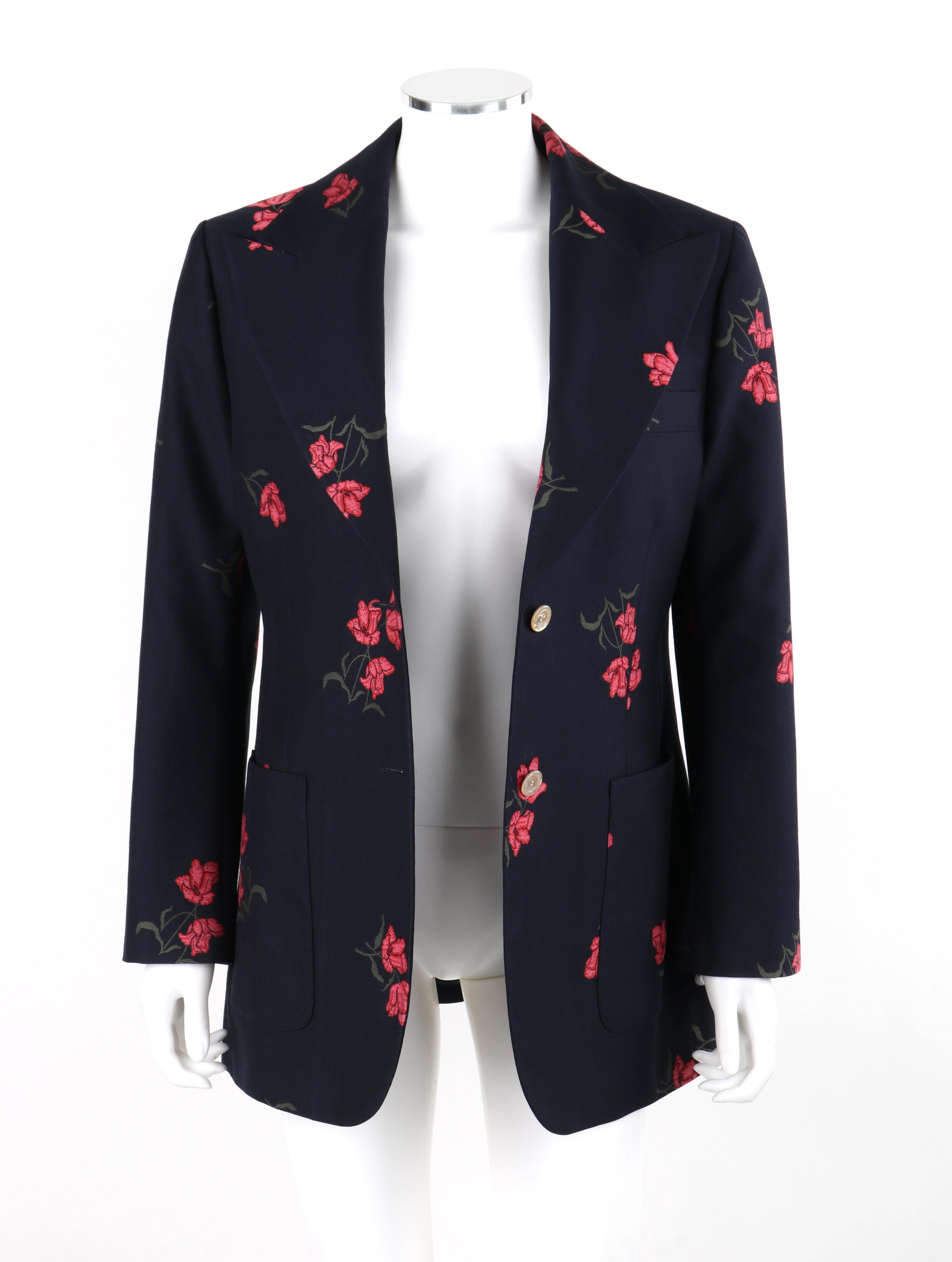 GUCCI S/S 2017 Blue Green Pink Floral Wool Pointed Collar Blazer Jacket For Sale 1