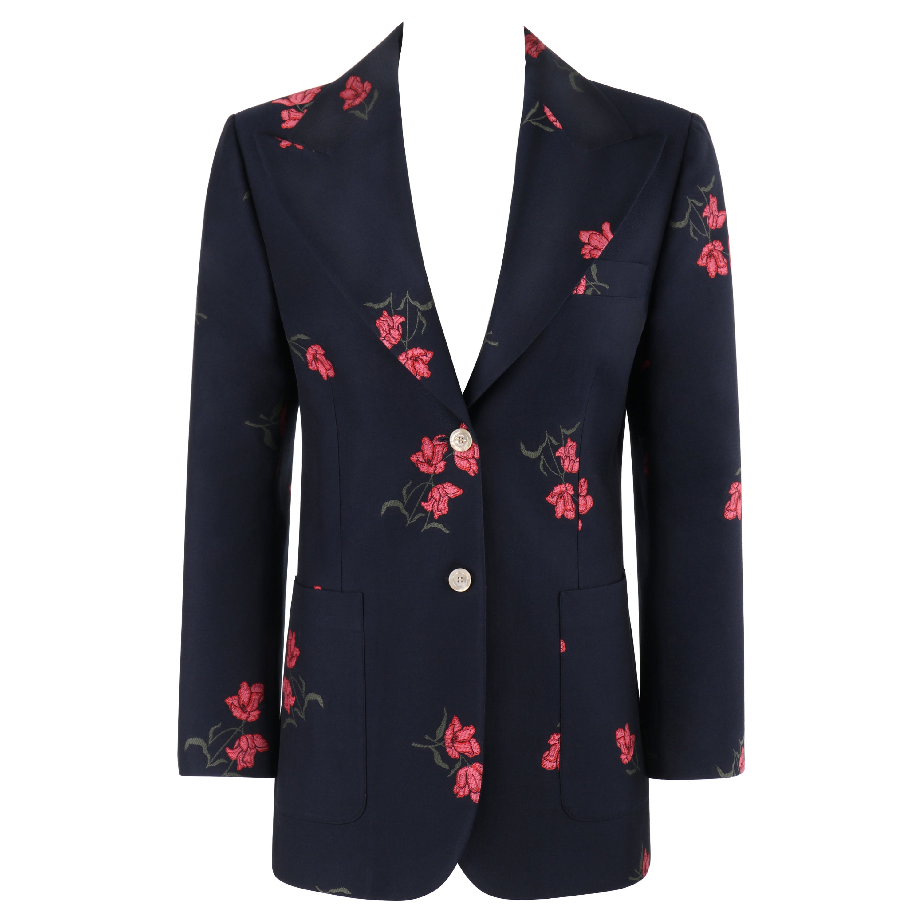 GUCCI F/S 2017 Blauer, grüner, rosafarbener, geblümter Wollblazer mit spitzer Kragen im Angebot