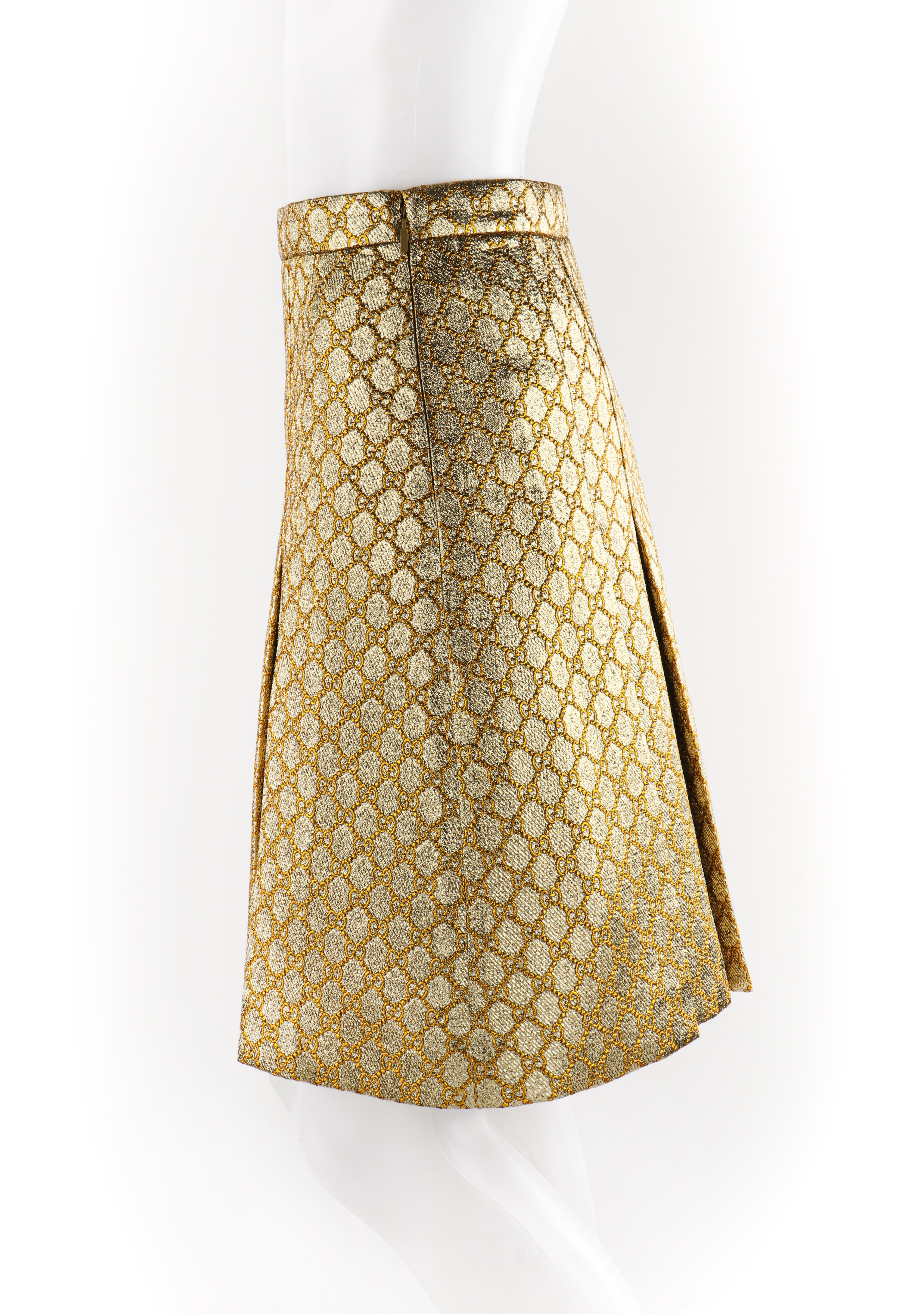 Brown GUCCI S/S 2018 Gold Metallic Brocade Monogram Logo Pleated Knee Length Skirt 