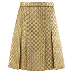 GUCCI S/S 2018 Gold Metallic Brocade Monogram Logo Pleated Knee Length Skirt 