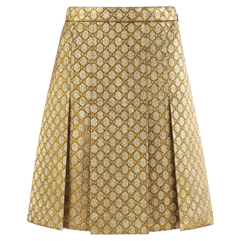 GUCCI S/S 2018 Gold Metallic Brocade Monogram Logo Pleated Knee Length Skirt  at 1stDibs | gucci skirt sale, gucci skirt pleated, gucci skirts