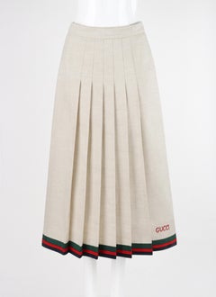 Gucci S/S 2018 Falda Midi Plisada de Lino y Seda Bordada en Red Ecuestre Marfil